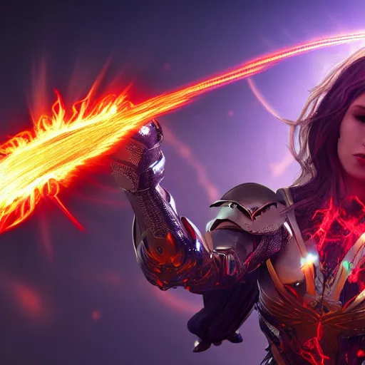 Prompt: vfx, octane render, zbrush, beautiful woman wearing spandex armour with flowing fire hair and glowing eyes, super hero full body action pose casting a fireball in space, volumetric lightning, highly detailed, UE5 render, art station, center of picture.