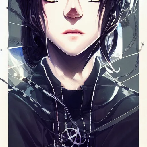 Image similar to by kyoto animation, techwear occultist, chaos magick, leviathan cross, androgynous, beautiful, detailed symmetrical close up portrait looking like ryan reynolds, intricate complexity, in the style of artgerm and ilya kuvshinov, cel shaded