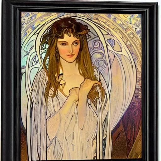 Prompt: Galadriel painted by Alphonse Mucha, james gurney