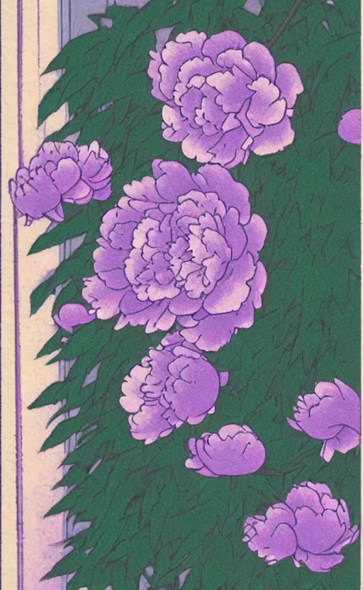 Image similar to by akio watanabe, manga art, light violet blue peony outside window, trading card front