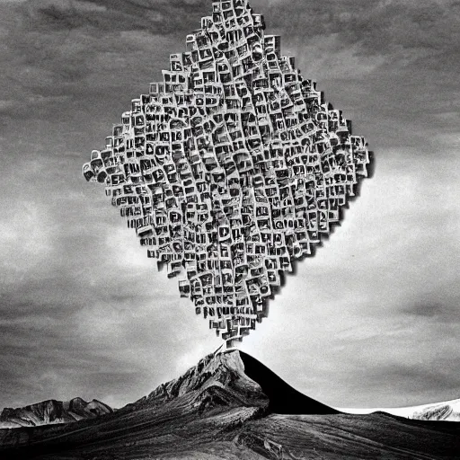 Image similar to a mountain made out of computer screens that display bitcoin logos, cinematic, post - apocalyptic landscape, harsh contrast lighting, in the style of surrealism, made by salvador dali