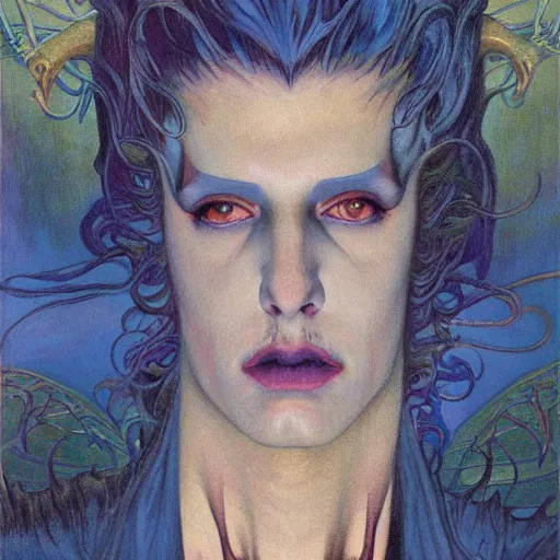 Prompt: realistic detailed portrait painting of a beautiful mysterious man with devil horns standing in a city at night background by Jean Delville, Amano, Yves Tanguy, Alphonse Mucha, Edward Robert Hughes, Roger Dean, rich moody colours, blue eyes