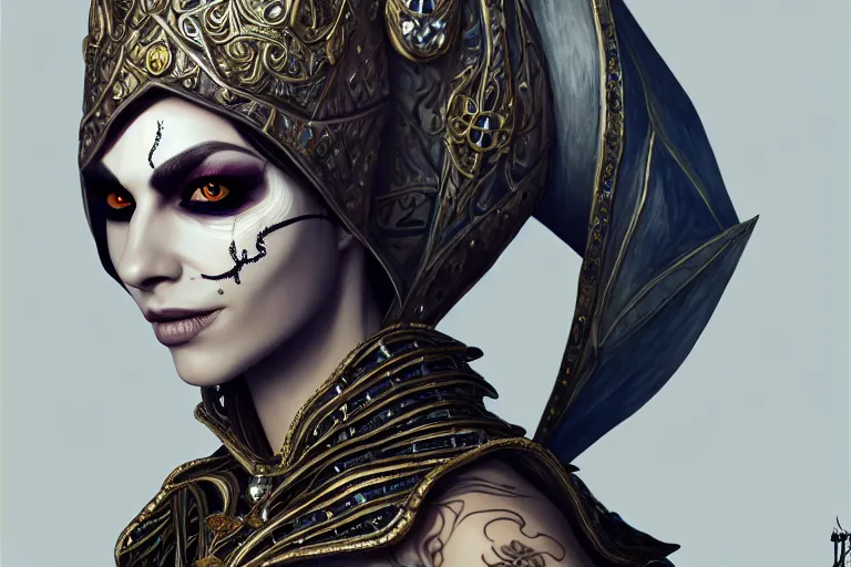 Image similar to a full portrait of a beautiful woman wearing, wearing extremely detailed attire, slim complexity, extremely detailed white eyes, medievil, dnd, extremely detailed, high quality, trending on artstation, photo realistic