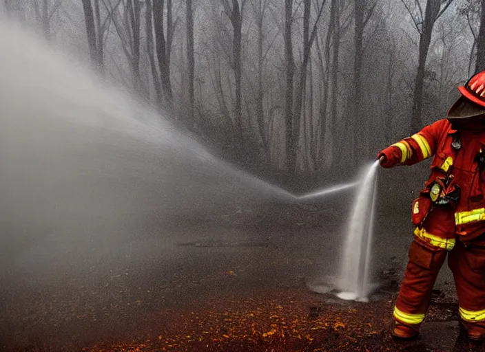 Image similar to stunning award winning photograph of a firefighter spraying water on a burning tree on a foggy night