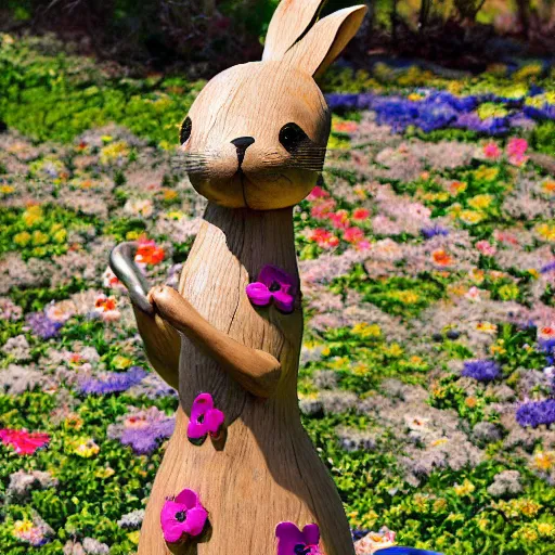 Prompt: The sculpture is a beautiful and playful work that perfectly encapsulates the artist's unique style. The sculpture features a rabbit made out of ceramic, which is surrounded by brightly colored flowers. The work is both charming and sophisticated, and it is sure to bring a smile to any viewer's face. body art by Isaac Cordal, by Charles Vess, by Scarlett Hooft Graafland realistic