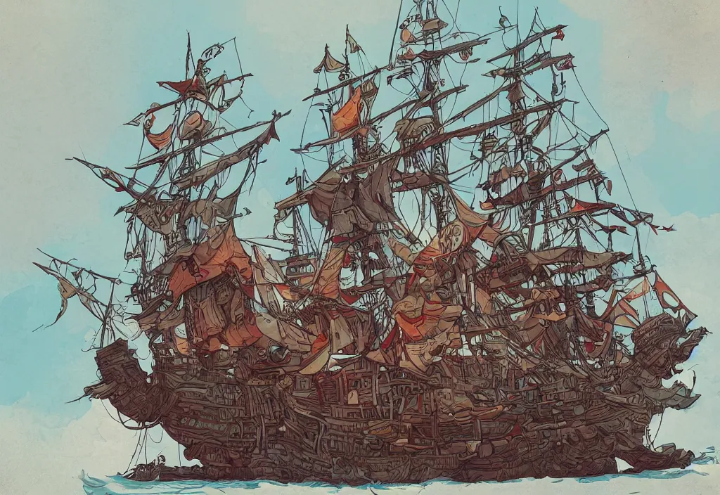 Image similar to handmade illustration of a cartoonish pirate ship, line art, ink, watercolor by Kilian Eng and by Jake Parker, winning-award masterpiece, fantastic, octane render, 8K HD Resolution, High quality image