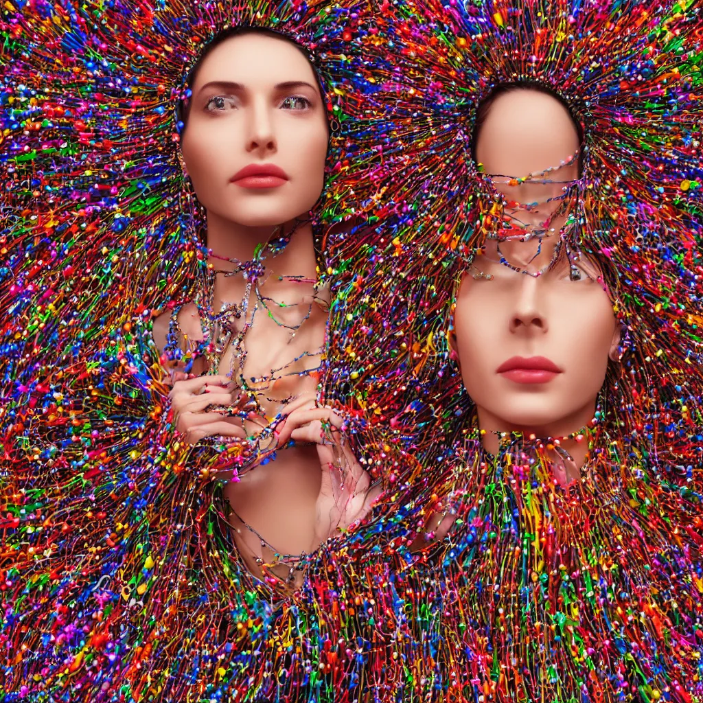 Prompt: detailed portrait of a woman with headdress made of candy, necklace made of computer mouse wires, holding a commodore 64 computer,3d render, redshift, intricate fabrics, vivid color