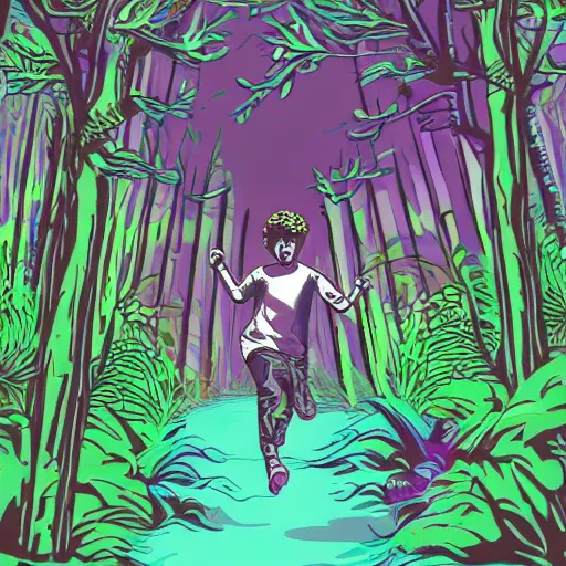 Prompt: Vapor Wave style artwork of a boy running through a forest filled with mystical creatures