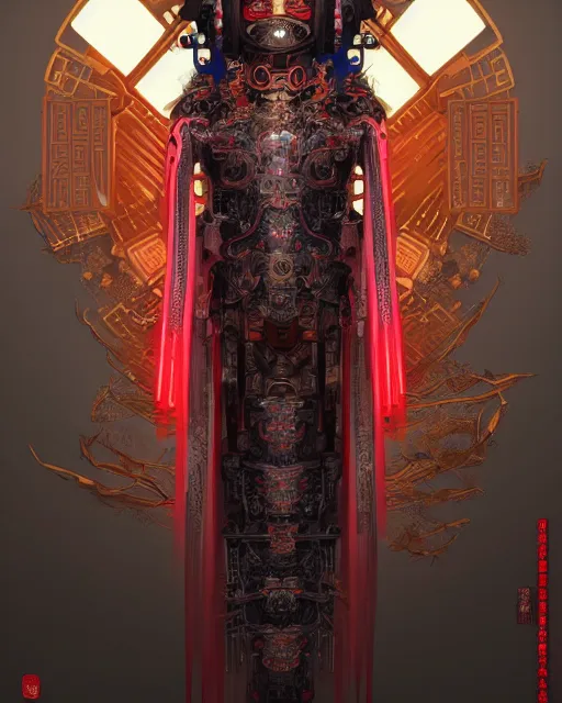 Image similar to portrait of a chinese cyberpunk machine, machine face, robed, upper half portrait, decorated with chinese opera motifs regal royal fierce machine robot cyberpunk fine china, wuxia, traditional chinese art intricate intense elegant highly detailed digital painting artstation concept art smooth sharp focus illustration, art by artgerm and greg rutkowski alphonse mucha 8 k