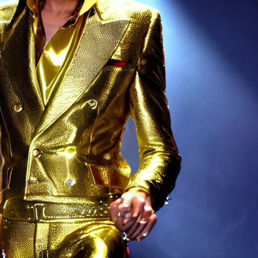 Prompt: close - up award - winning hyperdetailed photograph of 5 0 year old thin!!!! skinny!!!!! michael jackson smiling on stage at his concert, wearing gold sparkling suit with shoulder pads, spotlights and flashing colors behind him, massive crowd, stunning lighting, studio quality, 4 k, this is it, vevo 2 0 0 9