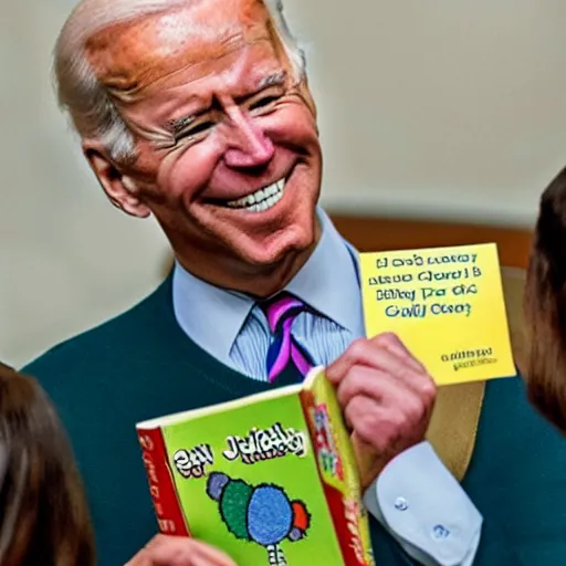 Image similar to joe biden struggling to read the hungry caterpillar children ’ s book