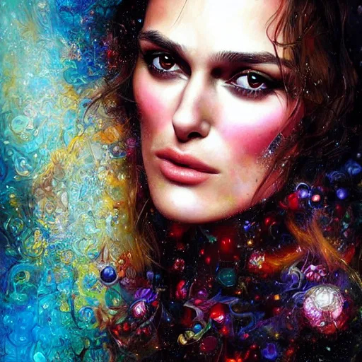 Image similar to Keira Knightley Portrait by Lisa Frank, Karol Bak Sandra Chevrier and GMUNK, beautiful digital art