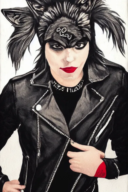 Image similar to portrait of a punk girl in a leather jacket wearing a wolf's head, artwork by boneface