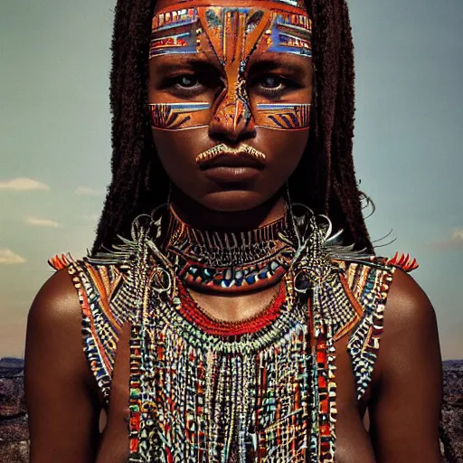 Image similar to portrait of a stunningly beautiful tribal female, depth of field, zeiss lens, detailed, symmetrical, centered, fashion photoshoot, by Annie Leibovitz and Steve McCurry, David Lazar, Jimmy Nelsson, Breathtaking, 8k resolution, extremely detailed, beautiful, establishing shot, artistic, hyperrealistic, beautiful face, octane render