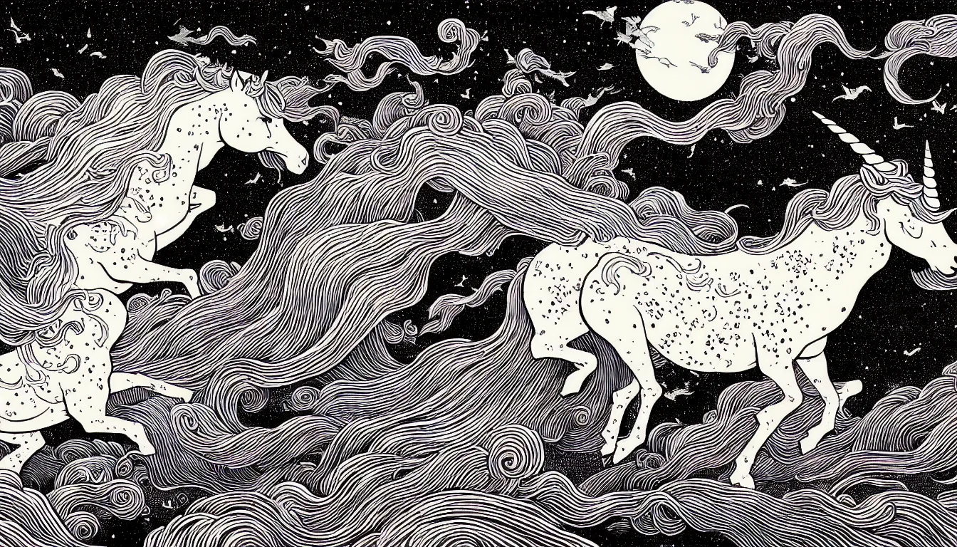 Image similar to unicorn by woodblock print, nicolas delort, moebius, victo ngai, josan gonzalez, kilian eng