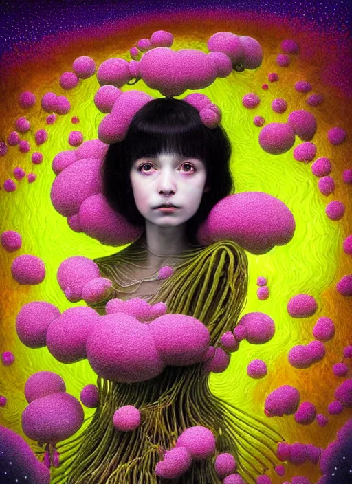 Image similar to hyper detailed 3d render like a Oil painting - kawaii portrait Aurora (black haired Fae) seen Eating of the Strangling network of yellowcake aerochrome and milky Fruit and Her delicate Hands hold of gossamer polyp blossoms bring iridescent fungal flowers whose spores black the foolish stars by Jacek Yerka, Mariusz Lewandowski, Houdini algorithmic generative render, Abstract brush strokes, Masterpiece, Edward Hopper and James Gilleard, Zdzislaw Beksinski, Mark Ryden, Wolfgang Lettl, hints of Yayoi Kasuma, octane render, 8k