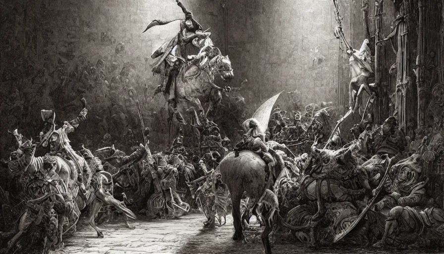 Image similar to big open book, open book page, don quixote left the book, cinematic romantic magical masterpiece by gene wolfe, highly detailed painting by gustave dore