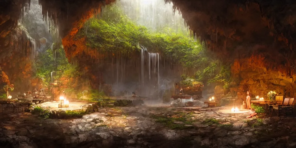 Image similar to detailed interior of cozy hotsprings hidden inside a cave, small waterfalls, lush vegetation, flowers, towels, plates of fruit, candlelight, digital painting, concept art, light shafts, stunning atmosphere, by Greg Rutkowski, cinematic lighting