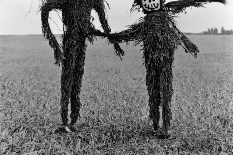 Prompt: frightening scarecrow from the early 1 9 0 0's dancing in the cornfields