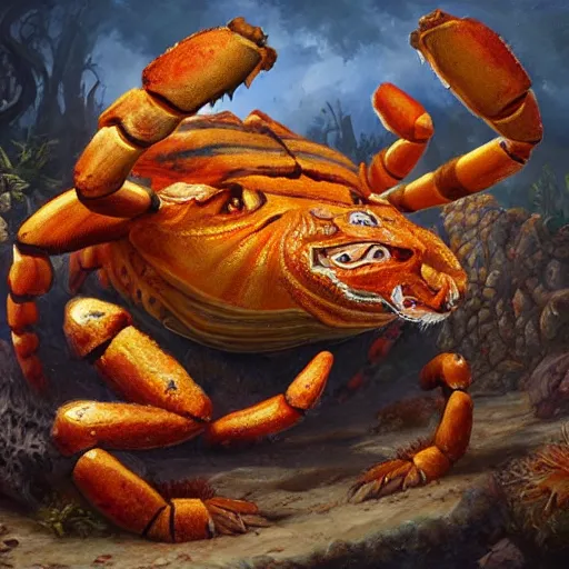 Prompt: tiger - crab creature, oil painting by justin gerard, deviantart