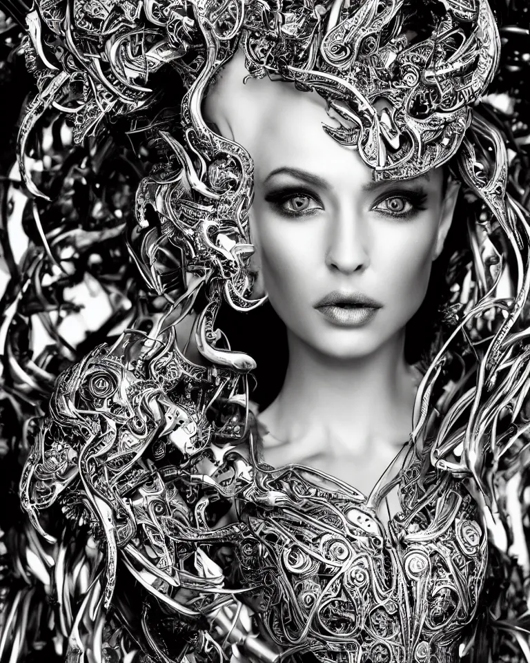 Image similar to a stunning young female phoenix - orchid - cyborg profile face, face is made intricate tribal bio - mechanical, editorial photography, bw, shot on 7 0 mm, depth of field, f / 2. 8, high contrast, rays of shimmering light, volumetric lighting, shiny, insanely detailed and intricate, hypermaximalist, elegant, ornate, hyper realistic, super detailed