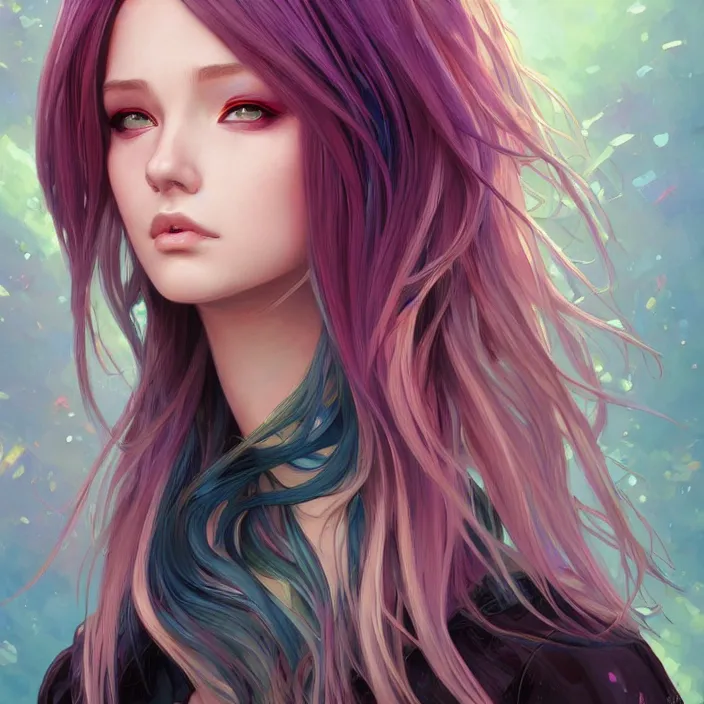 Image similar to portrait of beautiful symmetrical anime girl, rainbow hair, attractive, casual, modern, victoria's secret, highly detailed, digital painting, artstation, concept art, smooth, sharp focus, illustration, art by artgerm, greg rutkowski and alphonse mucha, 8 k,