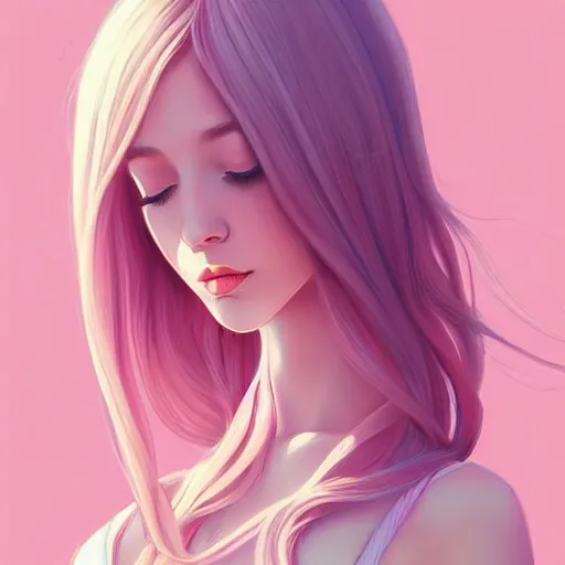 Image similar to adult female in summer dress art, pastel light pink very long hair, muted colors, matte print, pastel colors, ornate, digital art, digital painting, fan art, elegant, artstation, head is centered, by Ilya Kuvshinov