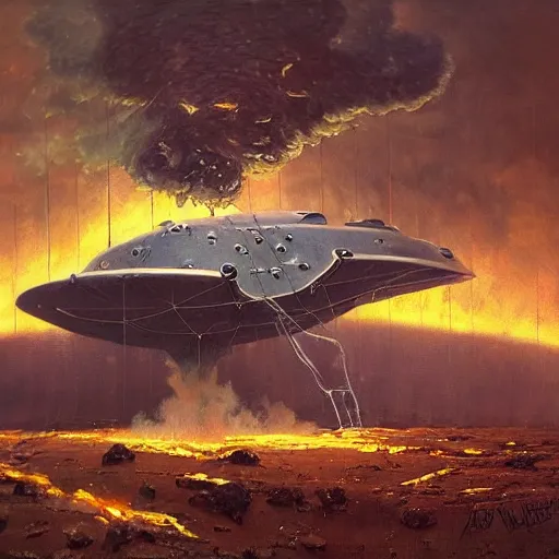 Image similar to a greek spaceship, stuck in the ground, the spaceship is on fire, smoke, rainstorm, lightning, angry, kinetic, adolphe bouguereaum, norman rockwell, trending on artstation, highly detailed oil painting,