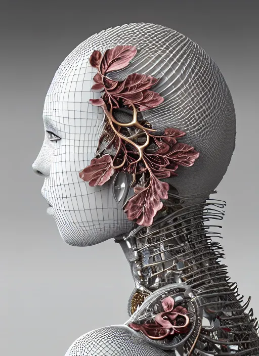 Image similar to complex 3d render ultra detailed of a beautiful porcelain profile woman face, mechanical cyborg, 150 mm, beautiful natural soft light, rim light, studio light, silver gold details, Alexander Mcqueen haute couture, magnolia big leaves and stems, roots, fine foliage lace, mesh wire, intricate details, hyperrealistic, mandelbrot fractal, anatomical, red lips, silver metal armor, facial muscles, cable wires, microchip, elegant, white background, octane render, H.R. Giger style, 8k