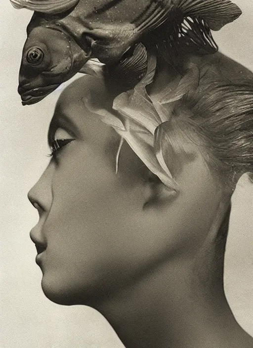 Image similar to female head made of tropical fish, surreal photography by Man Ray