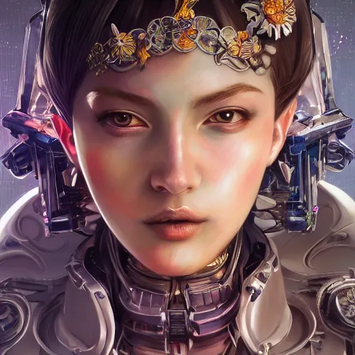 Image similar to studio portrait of lawful good colorful female holy mecha paladin absurdly beautiful, elegant, young sensual graceful woman, ultrafine hyperrealistic detailed face illustration by kim jung gi, irakli nadar, intricate linework, sharp focus, bright colors, matte, octopath traveler, final fantasy, unreal engine highly rendered, global illumination, radiant light, intricate environment