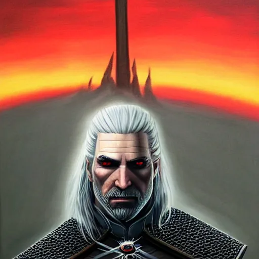 Image similar to a portrait of witcher, geralt of rivia with mordor in the background painting by elisabeth jerichau - baumann. red colors, painting, back tower, eye of sauron, oil on canvas, horizontally symmetric