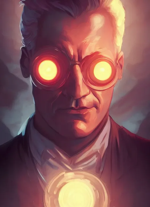 Prompt: portrait of carl gustav jung with glowing eyes, epic lighting, in the style of artgerm and charlie bowater and atey ghailan and mike mignola, vibrant colors and hard shadows and strong rim light, comic cover art, plain background, trending on artstation
