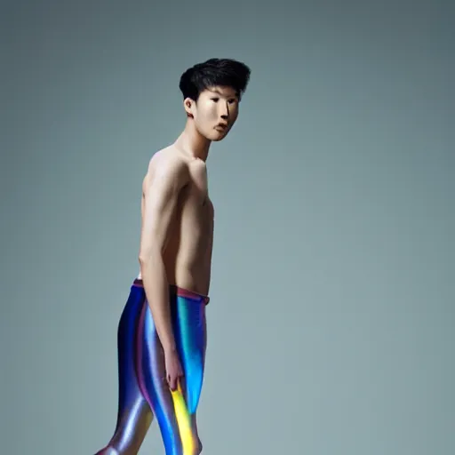 Image similar to a giant iridescent soap bubble in front of a beautiful athletic slim young korean male, photographed by erwin olaf for an art gallery