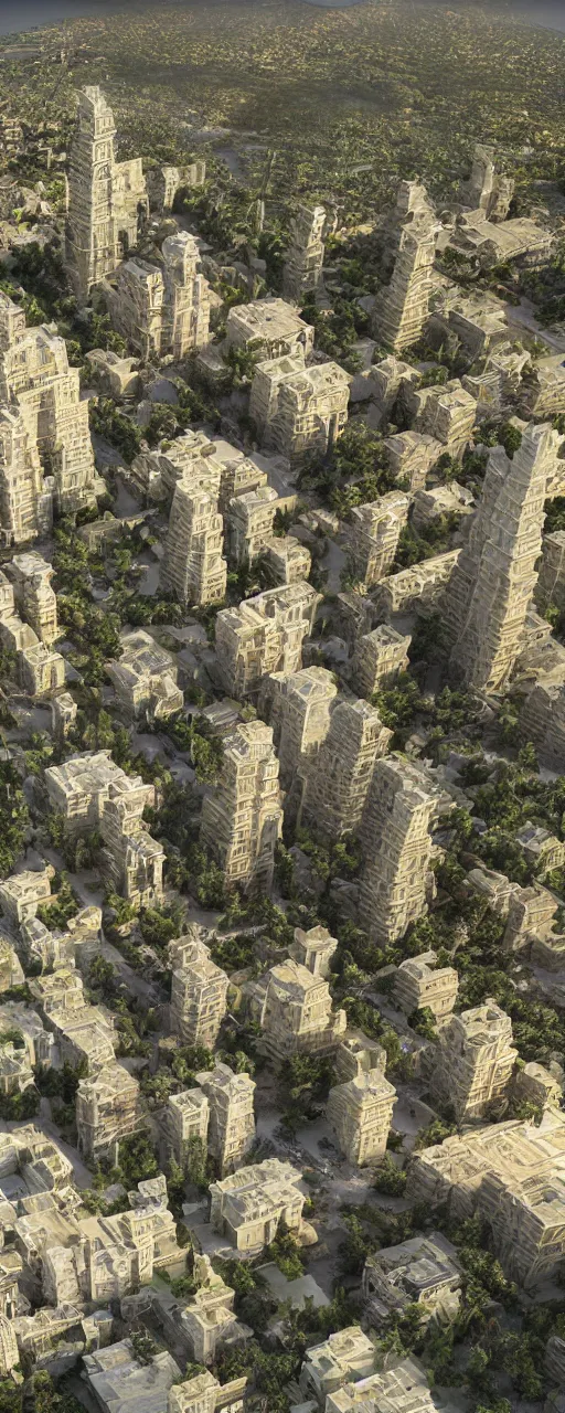 Image similar to photorealistic photo of a single tower mountain shape golden gardens of babylon tower, golden stone color palette, sacred ancient architecture, solid exterior, wide tower with hanging gardens on the balconies, cascading highrise, next to mountains and river with lush palm forest, zaha hadid, sunlight, eye - level view, post - production, octane, cgi, sfx