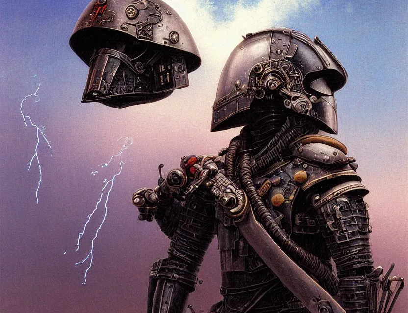 Image similar to a detailed portrait painting of a bounty hunter in combat armour and visor. cinematic sci-fi poster. Flight suit and wires, accurate anatomy. Samurai influence, fencing armour. portrait symmetrical and science fiction theme with lightning, aurora lighting. clouds and stars. Futurism by beksinski carl spitzweg moebius and tuomas korpi. baroque elements. baroque element. intricate artwork by caravaggio. Oil painting. Trending on artstation. 8k