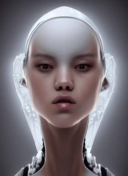 Prompt: a white cast futuristic biomechanical humanoid filipino girl with pretty face, porcelain skin,, futuristic digital painting, cyberpunk, 8 k