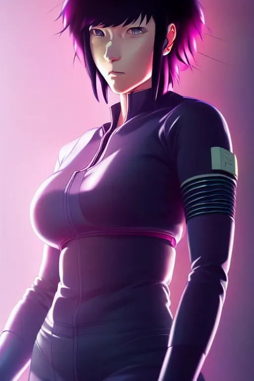 Image similar to a fullbody portrait of motoko kusanagi the major ghost in the shell : : stand alone complex, under repairs, maintenance : : by ilya kuvshinov, rossdraws, artgerm, sola digital arts, anti aliasing, raytracing : :