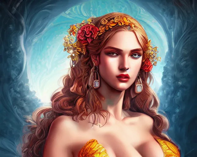 Prompt: portrait of a seductive and powerful aphrodite, detailed intricate illustration, detailed illustration, hd, 4 k, digital art, overdetailed art, complementing colors, trending on artstation, deviantart
