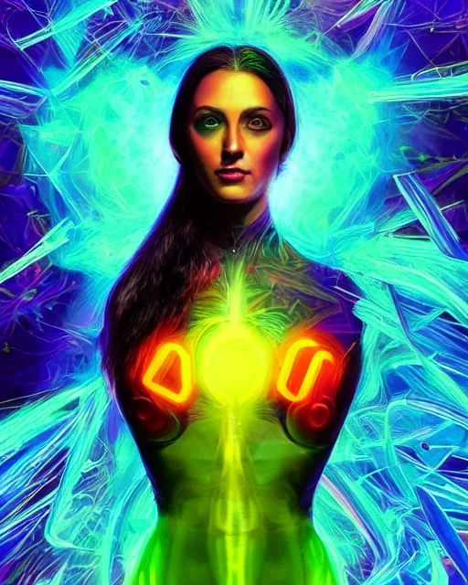 Image similar to a powerful energy psychedelic matrix woman, by alexander fedosav, hyper detailed digital matte painting, concept art, hyperrealism, 1 6 k resolution, cinema 4 d, 8 k resolution, trending on artstation, behance hd, a masterpiece, by stephan martiniere, particles, cel - shaded, power bright neon energy, by david a. hardy,