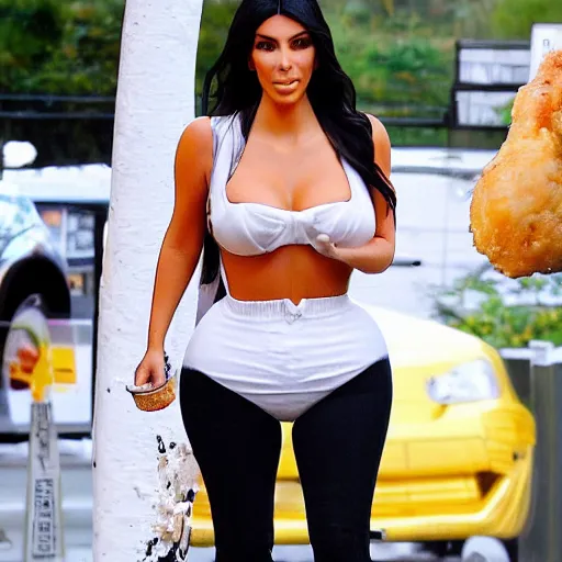Image similar to kim kardashian loves eating greasy chicken nuggets, grease running down her drippy chin, she's gobbling down fries like a thanksgiving turkey while stuffing her face with marshmallow and fried chicken legs from kfc, highly detailed obese kim fat