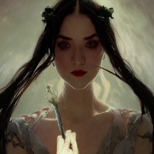 Prompt: portrait of a menacing beautiful vampire, by Stanley Artgerm Lau , greg rutkowski, thomas kindkade, alphonse mucha, loish, norman rockwell, J. C. Leyendecker. blinding white hair, pale skin, sinister complexion, beautiful detailed eyes, rose. D&D, fantasy. Trending on artstation rule of thirds extremely detailed illustration hd 4k