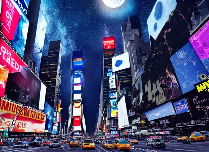 Image similar to film still of the moon shattering into pieces over time square in the new disaster movie, 8 k, night time