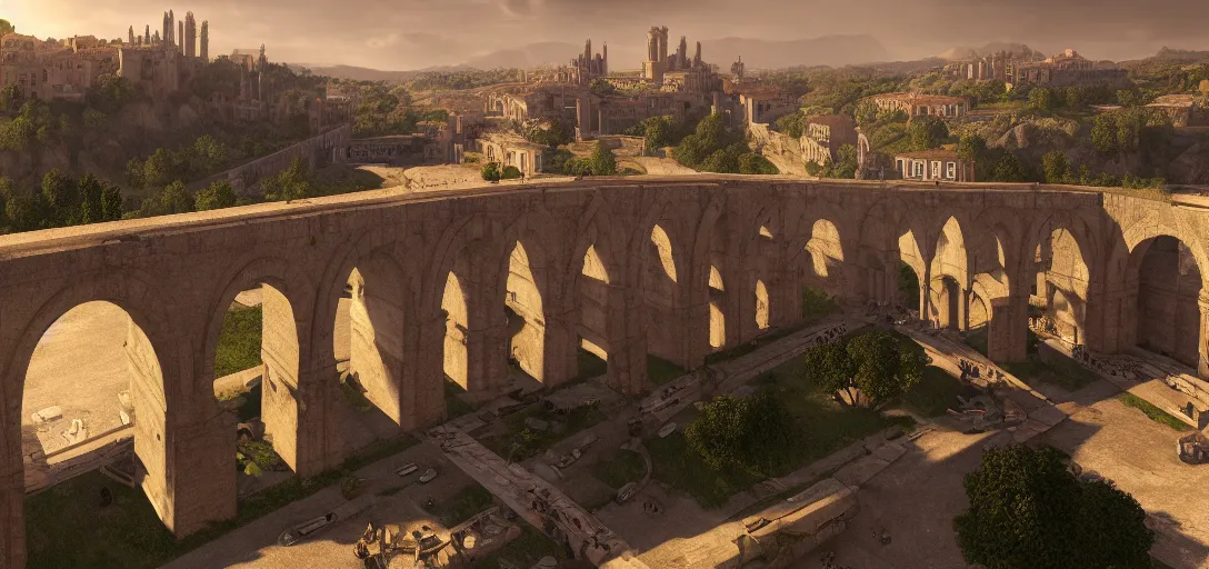 Image similar to epic view of giant roman aqueduct over beautiful italian city, unreal engine, dramatic lighting, detailed, ambient occlusion, global illumination, god rays, 3 d artstation render by greg rutowski and jessica rossier