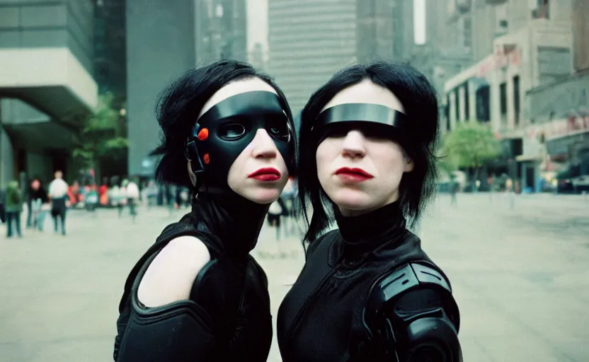 Image similar to cinestill 5 0 d photographic portrait by helen levitt of two loving female cyborgs kiss wearing black techwear in a retrofuturist garden, extreme closeup, modern cyberpunk, 8 k, hd, high resolution, 3 5 mm, f / 3 2, ultra realistic faces, intricate detail, ex machina