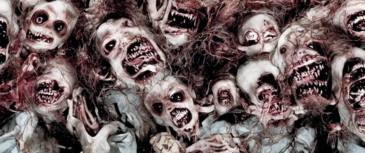 Prompt: filmic extreme wide shot movie still 4k UHD interior color photograph of multiple severed reanimated severed heads protruding out of a mutated abstract shape shifting organism with a variety of chimera animal limbs made of human internal organs, in the style of a horror film The Thing 1982