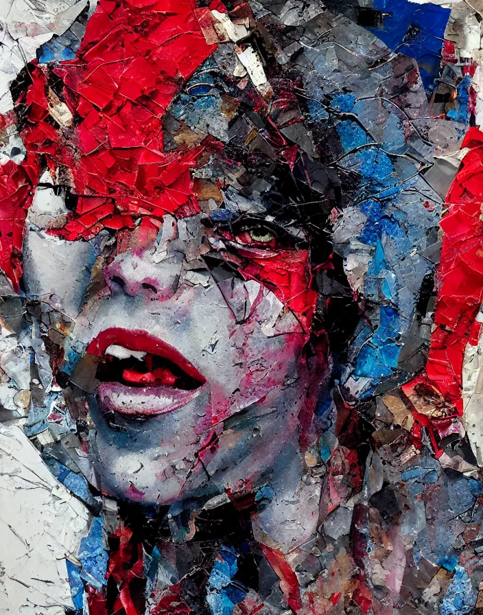 Prompt: screaming sophisticated woman from fight club in fighting action detailed mixed media collage with canvas texture in style of contemporary art, punk art, photorealism, sensual bodies, expressionism, masterpiece, perfect composition, spectacular quality, intricate oil details, broken glass photo, torn paper intricate texture, large cracks, liquid glue spots, dark black and red and blue chaotic background