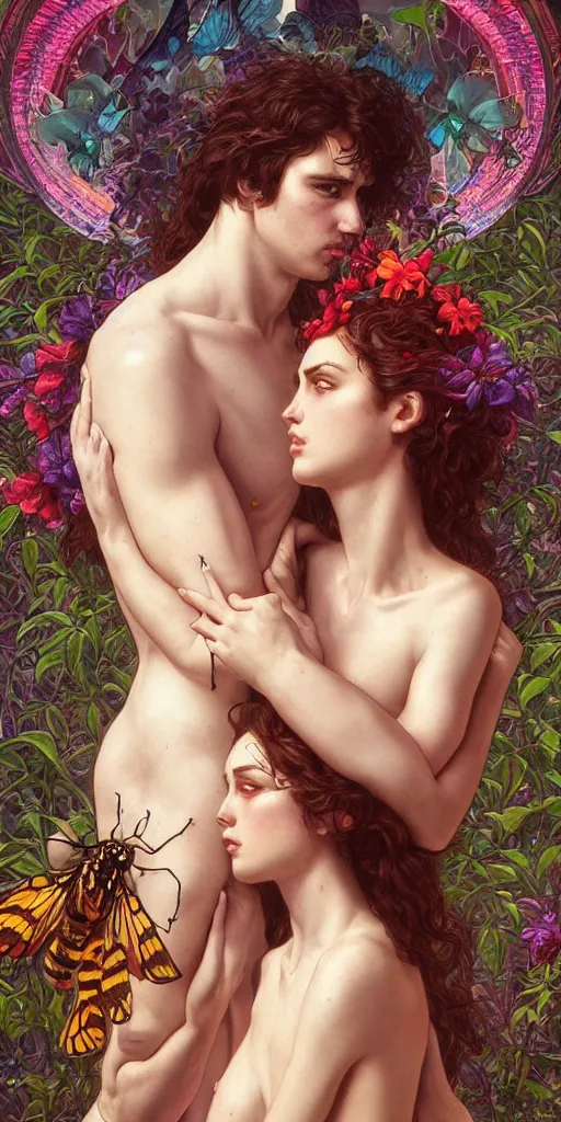 Prompt: adam and eve, intense eyes, embracing, kissing, vaporwave aesthetic, synthwave, colorful, psychedelic, garden of eden, crown, flowers, bees, butterflies, ribbons, ornate, intricate, digital painting, artstation, concept art, smooth, sharp focus, illustration, art by artgerm and greg rutkowski and alphonse mucha
