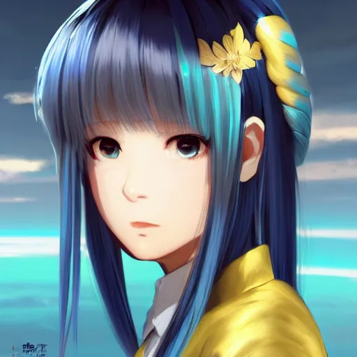 Image similar to profile shot of rimuru tempest looking forward, sky blue hair, ponytail, pretty, long bangs, gold eyes, black jacket with white stripes and a high collar, highly detailed, unreal engine 5, digital painting, concept art, cinematic, wlop | artgerm, pixiv, ilya kuvshinov, greg rutkowski, yoshitaka amano