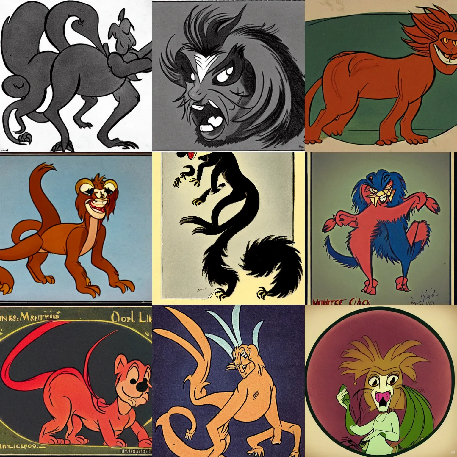 Prompt: classic 1 9 2 0 s disney cartoon version of a manticore